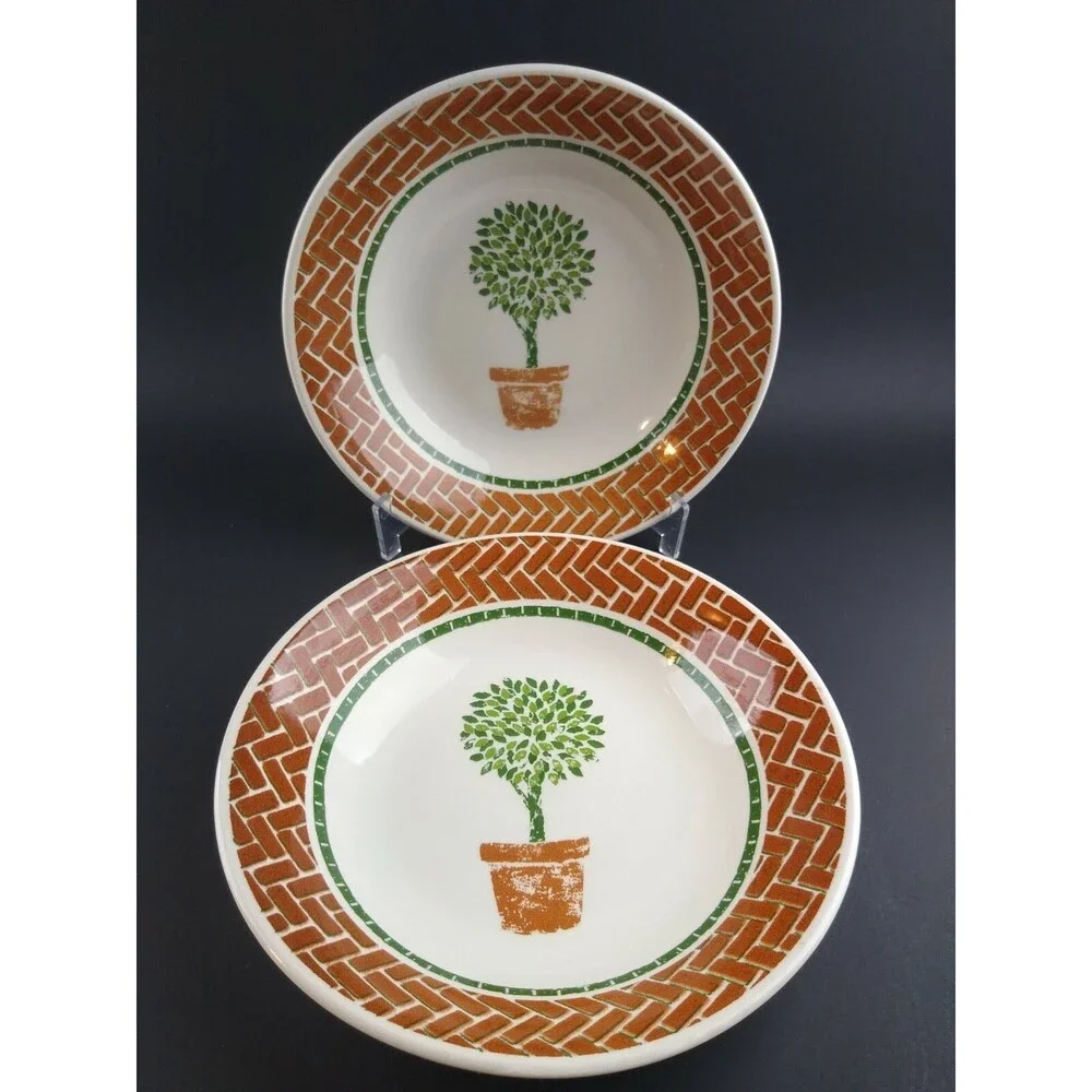 Pier 1 England Topiary w Brick Set Of 2 Salad Pasta or Soup Bowls Angleterre
